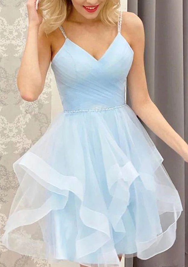 TingPo Wholesale A-line V Neck Sleeveless Tulle Short/Mini Homecoming Dress With Beading Pleated